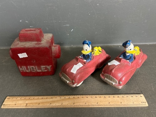 Hubly the Cast Iron Money Box & 2 Cast Iron Donald Duck Rolling Cars