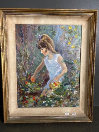 Tony Davis Picking Flowers Oil on Board