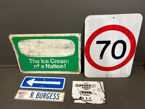 Lot of signs inc. Peters Ice Cream Sign and Gilbarco Enameled Bowser Plate