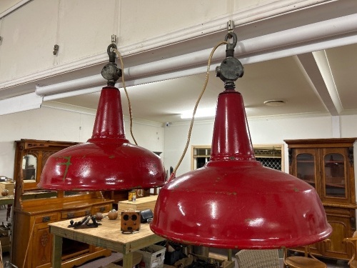 2 Large Red Enamel Industrial Hanging Lights