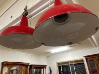 2 Large Red Enamel Industrial Hanging Lights - 2