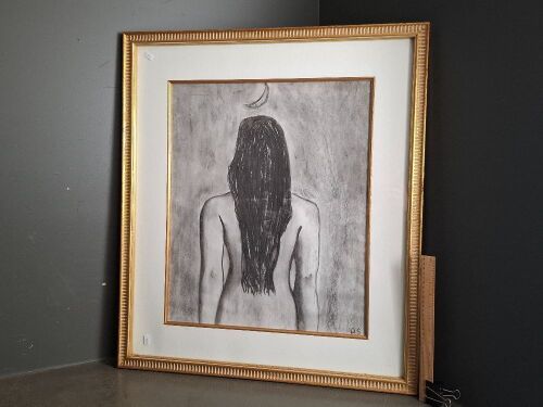 Charcoal Nude Framed Art signed AS