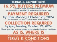 TERMS AND CONDITIONS: 16.5% BUYERS PREMIUM APPLIES TO ALL AUCTION LOTS UNLESS ADVISED (An additional 1.65% fee applies to online bidders) | PAYMENT REQUIRED by 3pm, Monday, October 28, 2024 - We accept cash, EFT, card (1.95% fee applies to card payments)