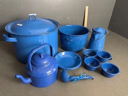 Large Vintage Blue Enamel Cooking Set