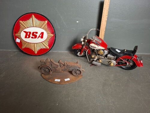 Metal Art Motor Bike, Cast Old School Car, & Cast BSA Sign