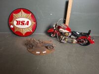 Metal Art Motor Bike, Cast Old School Car, & Cast BSA Sign