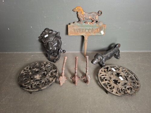 Heavy Cast Lot with Lion Door Knocker, Coat Hangers, Welcome Sign, Wells Fargo Co. Express Foot Scraper