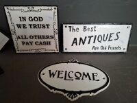 5 Cast Black & White Signs - Welcome, The Best Antiques are Old Friends, Kilkenny, Cork & In God We Trust - 3