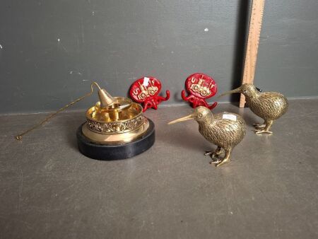 Reproduction Brass Candlestick Holder w. Snuff, Two Brass Kiwi Birds & 2 Cast Coat Hangers