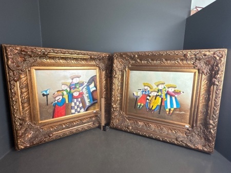 2 x Original Joyce Roybal Oil on Canvas - Children Playing Musical Instraments - Heavey Ornate Wooden Frames