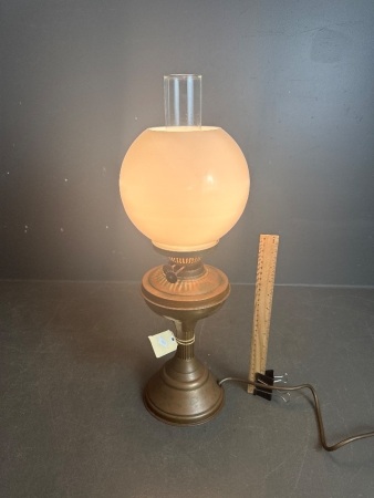 Vintage Brass and Copper Lamp - Original Shade and Chimney - Electofied 