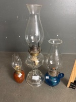 Blue Eagle Finger Lantern, Mini Timber Museum Lantern & Clear Glass Kerosene Lantern