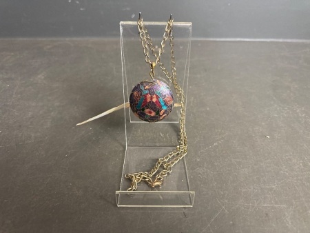 Vintage Cloisonné Pendant on a Long Gold Tonned Necklace 