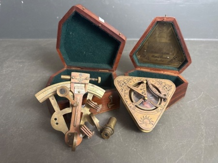 Vintage Nautical Brass Sundial Compass and Navigational Brass Sextant - London 