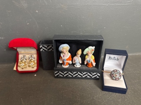 Mixed Chic Lot - Ceramic German 1/2 Dolls C.1920 including Italian Murano Round Micro Mosaic Brouch C.1950 and Stunning Gold Toned Clip on Earings with Cubic Zirconia