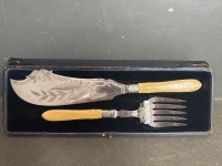 Antique Silver Fish Carving Serving Set - Bone Handles