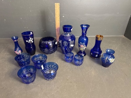 Assorted Lot of Cobalt Blue Vases - Ethched Vases and Bowls