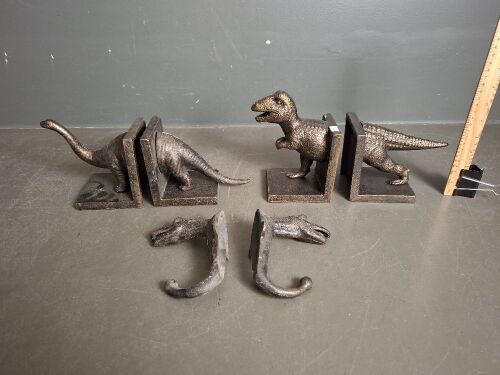 Pair Dinosaur Cast Bookends - T Rex & Brontosaurus, with Dinosaur Coat Hangers