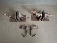 Pair Dinosaur Cast Bookends - T Rex & Brontosaurus, with Dinosaur Coat Hangers - 2