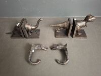 Pair Dinosaur Cast Bookends - T Rex & Brontosaurus, with Dinosaur Coat Hangers - 3