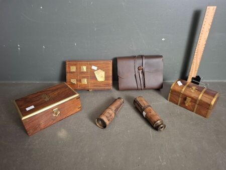 Mixed Timber Assortment with Money Box, Jewel Box, Playing Cards, Telescopes & Vintage Note Book