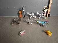 Mixed Cast Novelty Lot with Bottle Openers, Ploane, Card Holder, Bull Dog, Mini Anvil & Misc