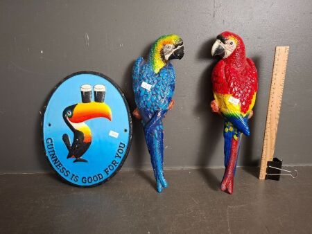 Cast Guiness is Good for you Toucan Sign with Pair Heavy Cast Parrots