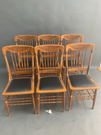 Set of 6 Colonial Stickback Dining Chairs with Carved Timber Tops & Leather Seats