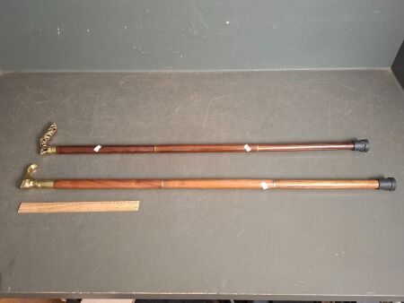 2 Brass Handle Walking Sticks Screw apart into 3 Pieces