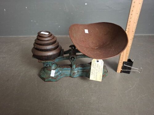 Rare Cast Iron Rack Scales with Origial Weights - Marked Mack 