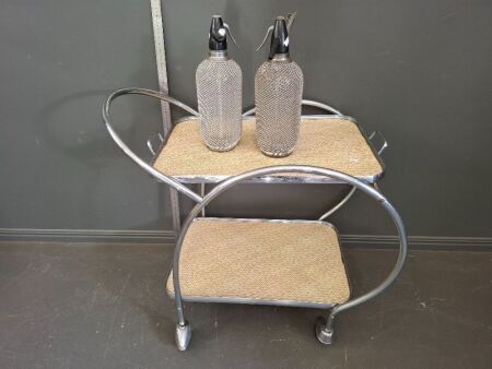 Retro Aluminium Drinks Trolley with Removalble top Tray & 2 Vintage Soda Syphons