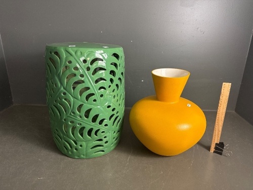 Green Ceramic Green Leaf Style Drum Stool with Modern Yellow Ceramic Vase