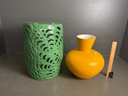 Green Ceramic Green Leaf Style Drum Stool with Modern Yellow Ceramic Vase