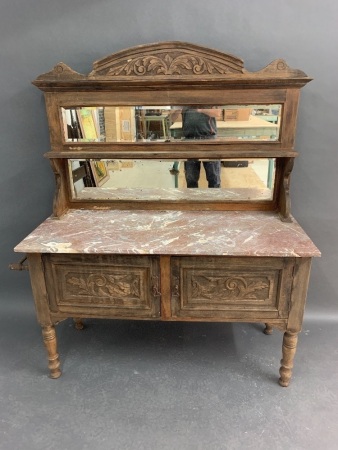 Antique Marble Topped Cedar Washstand with Double Mirrored Splashback