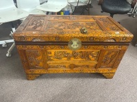 Hand Carved Camphor Laurel Chest with Lock & Brass Fittings