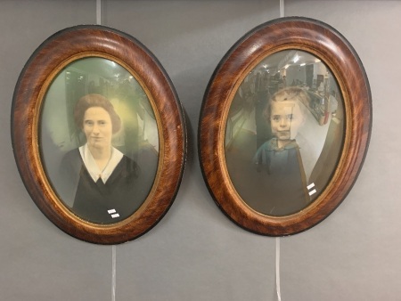 Pair of Antique Oval Timber Picture Frames with Convex Glass