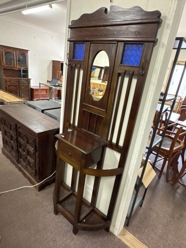 Stunning Antique Hall Stand with Blue Glass Inserts