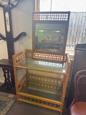 Cane and Glass Shelving Unit with Matching Wall Mirror