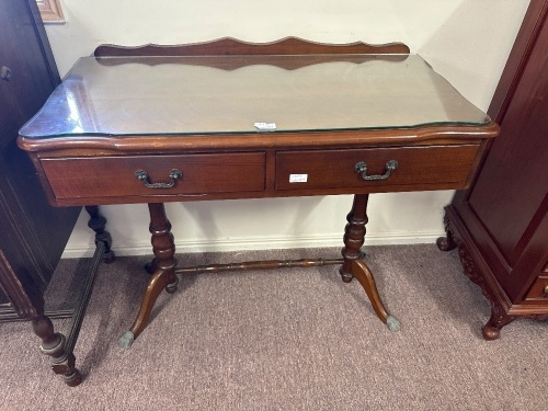 Glass Topped 2 Drawer Hall Table with Brass Claw Feet