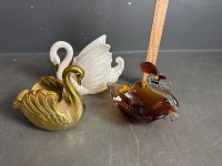 3 Swan Vases - 2 Ceramic, 1 Glass