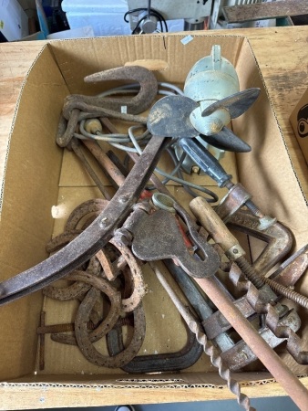 Mixed Lot of Clamps, Drill bits, Vintage Fan, Downee All Steel Horse Hames & Various Iron Horse Shoes