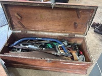 Large Wooden tool box full of Misc Tools & Equip