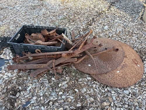 Large Metal Lot inc. gate hinges, bits, shears, plow disks, tools etc