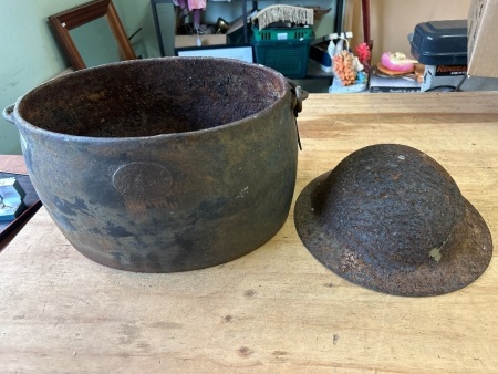 Cast Iron Pot (marked) + Metal Helmet