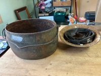 Cast Iron Pot (marked) + Metal Helmet - 3