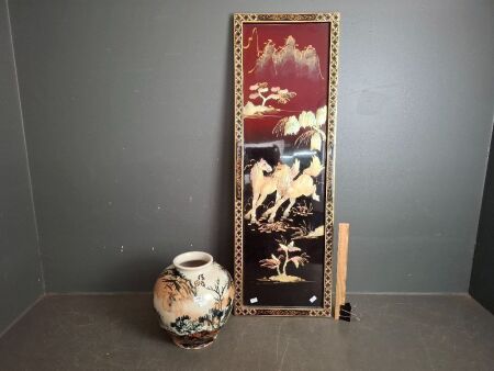 Asian Style Ceramic Vase with Mother of Pearl Wall Hanging