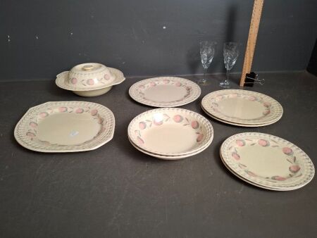 Vintage 10-Piece -The Gloria- Adams Titian Ware Hand-Painted Dinner Setting - Impressed C1935 - inc. platter and tureen, 2 Bohemian Diamond Cut Crystal Wine Flutes