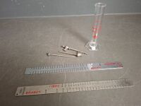 Set of Six Beer and Spirit Implements for Preparation of Same - Inc. glass measuring flask, chrome taps, spike, stainless steel gauges