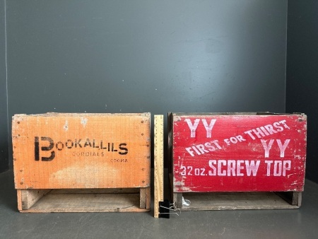 2x Vintage Wooden Drink Crate - 1x Bookallils Drink Crate - 1x YY First For Thirst Drink Crate