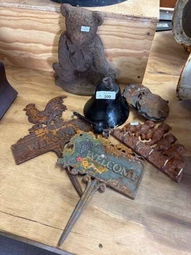 Cast Iron Welcome Signs, Teddy bear Door Stop, Cat Key holder & Bell